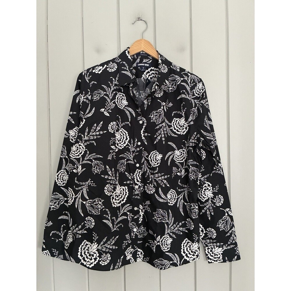 NWT Lands’ End No Iron Supima Cotton Button Up Shirt 12 Floral Black White NEW